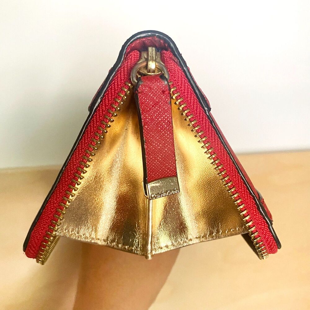 Calvin Klein Red Saffiano Leather Zip Around Long Wallet w/ Gold Interior - Picture 6 of 11